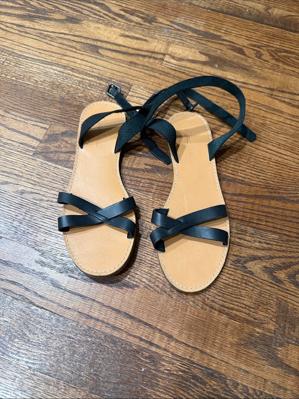 Madewell Black Strappy Ankle-Tie Sandals with Tan Footbed